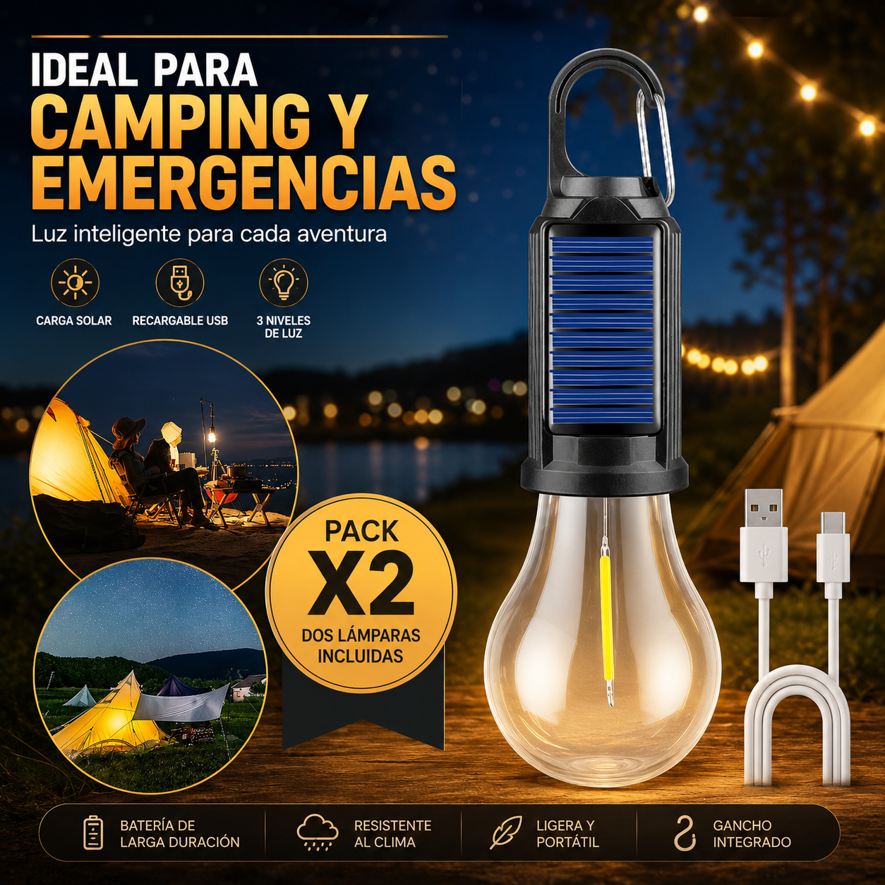Ampolleta Solar De Camping X2